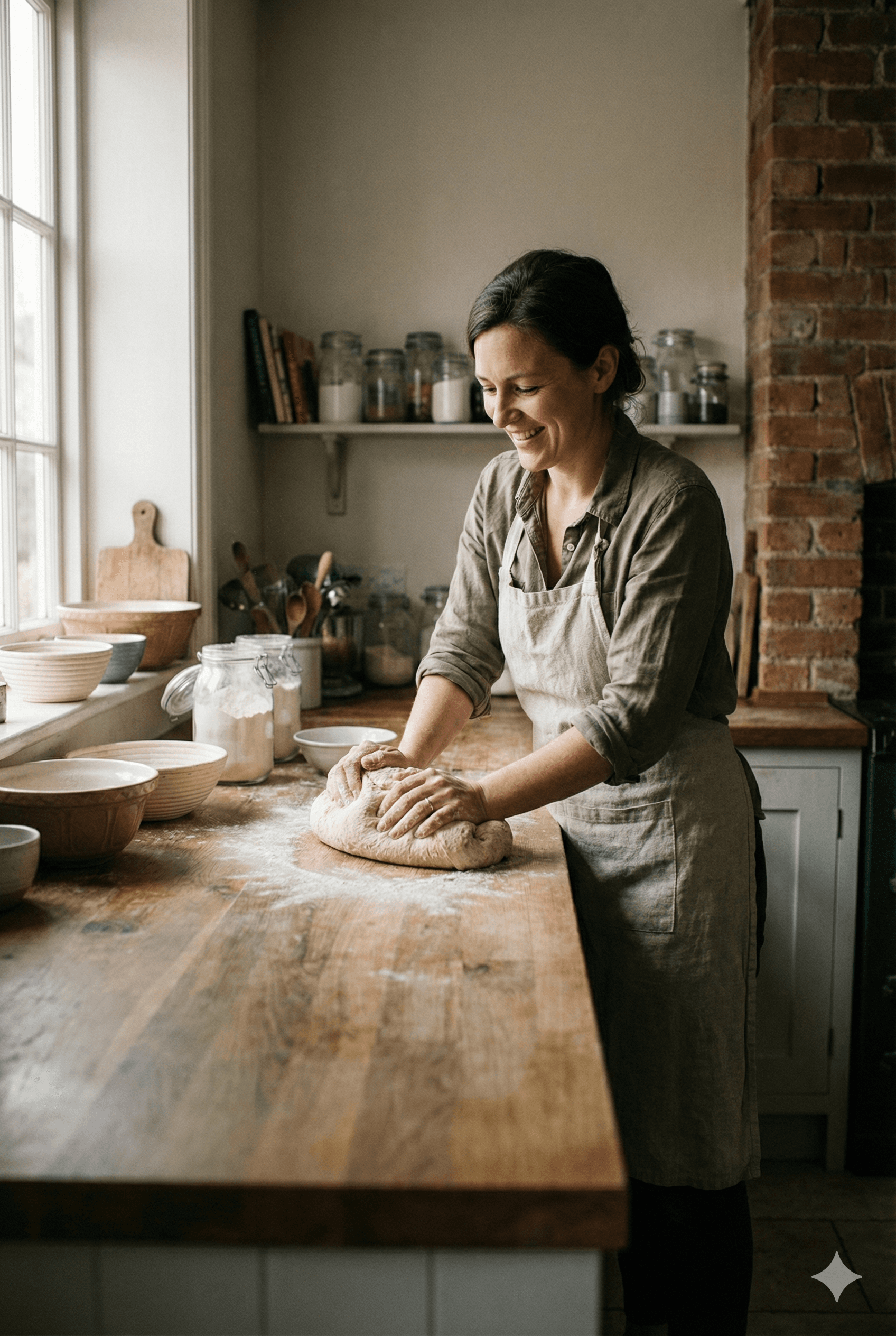 Portrait of head baker Emma Laurent in the bakery kitchen