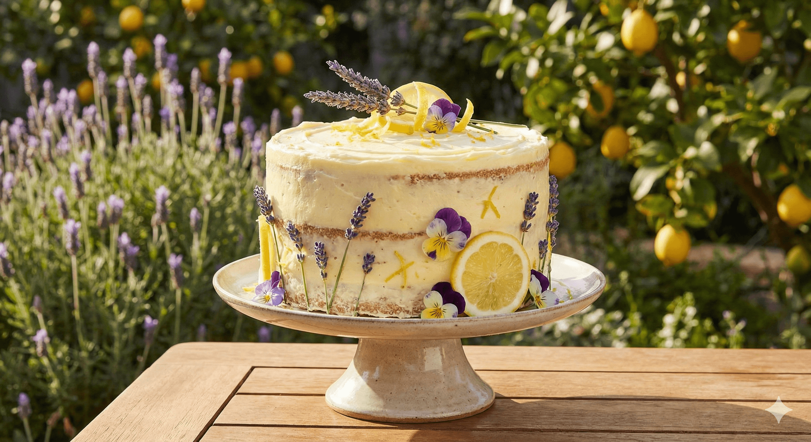 Lemon lavender cake with purple buttercream flowers