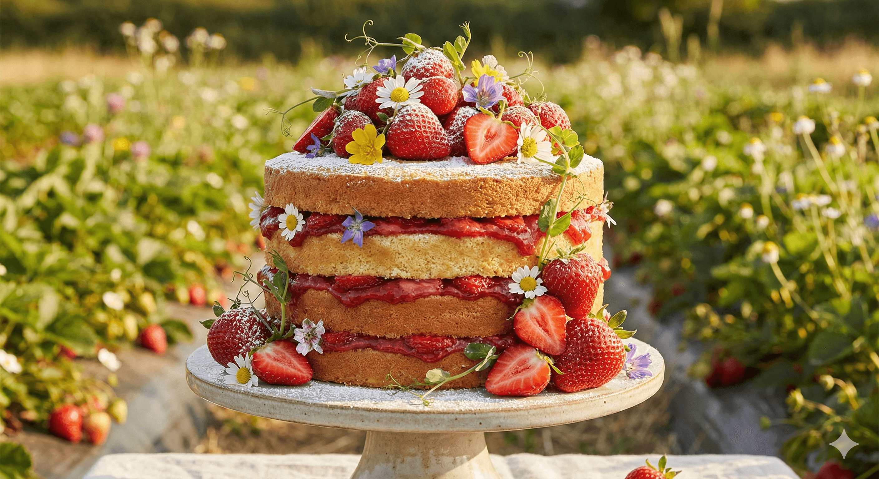 Strawberry fields cake with fresh strawberry decoration